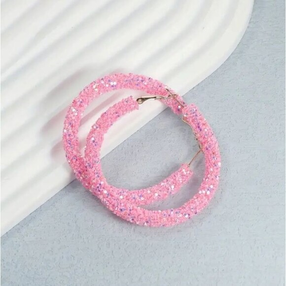Candy Pink Sequin Hoop Earrings Hoops - Picture 3 of 9